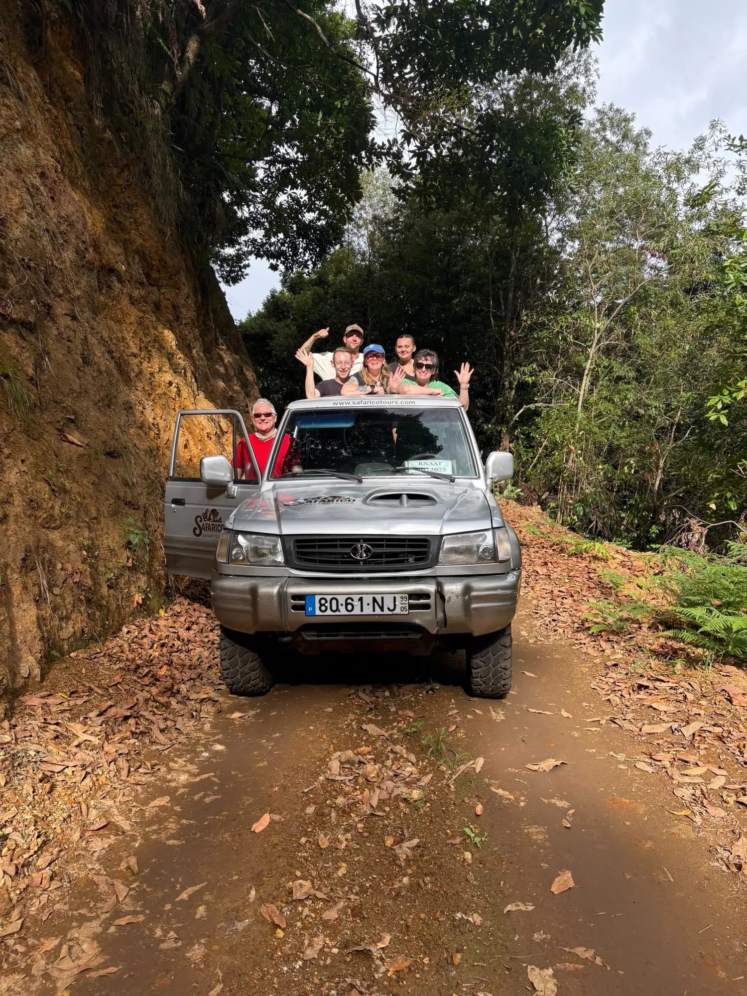 Guests waving from the open roof of a Safarico jeep on a forest track